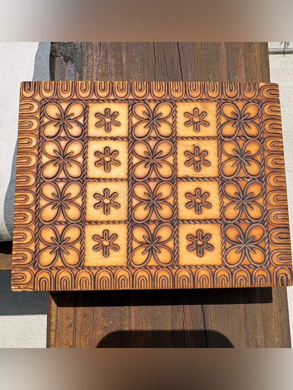Handcrafted Brown Wooden Box- Decorative Flower Tile Pattern